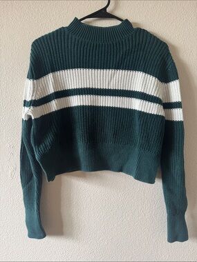 Lottie Moss - Green Cropped Mockneck Sweater with White Stripes - Size S